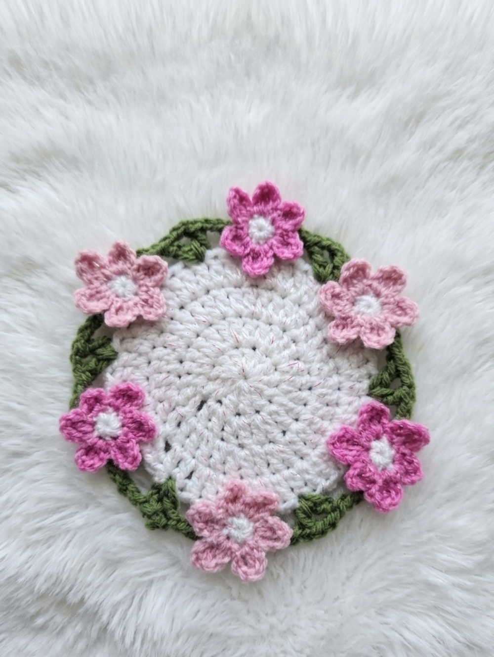 Handmade Pink Floral Crochet Coffee Coaster - White Center - Picture 2 of 3